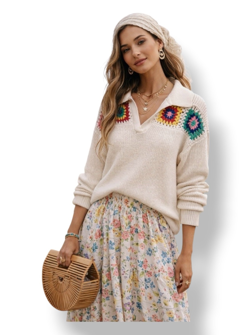 Joseph A Cream Women’s Johnny Collar V-Neck Sweater Crochet Square Cream XL